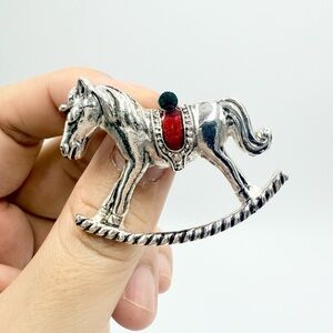 Vintage Cute Rocking Horse Christmas Holiday Silver Tone Metal Brooch